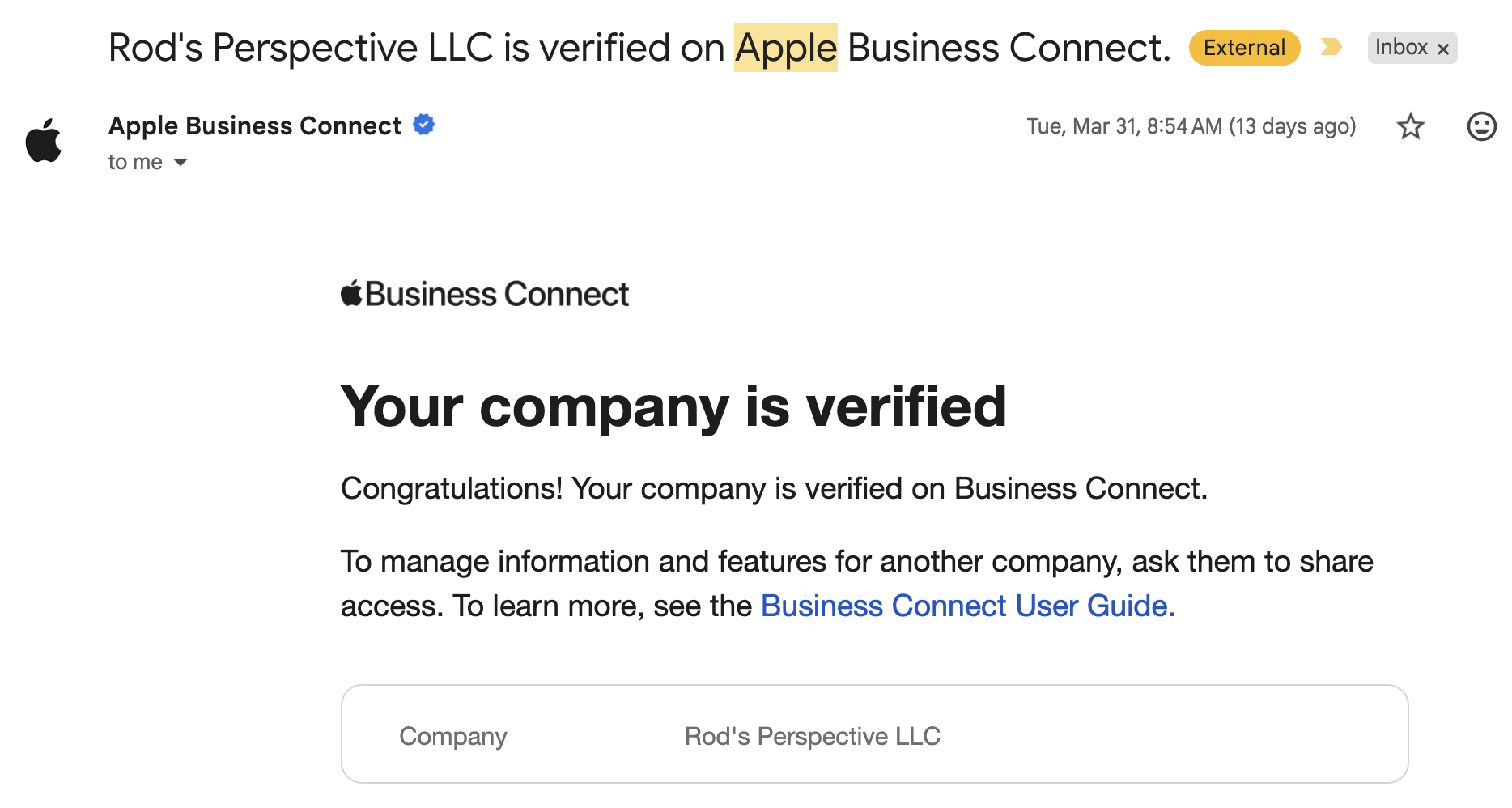 Apple email confirming Business Connect verification for Rod's Perspective LLC