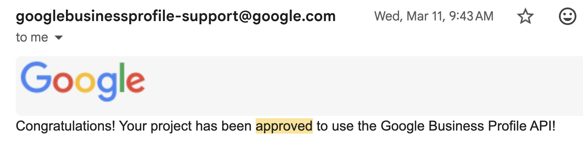 Google email confirming Business Profile API approval