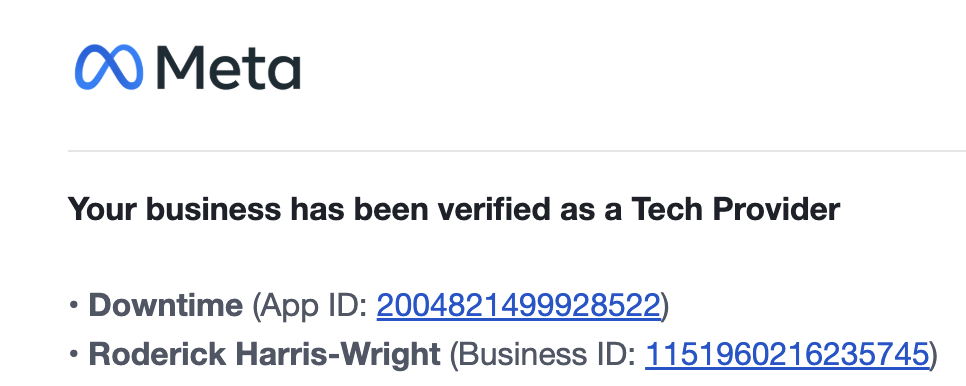 Meta verification email confirming Tech Provider status for Downtime